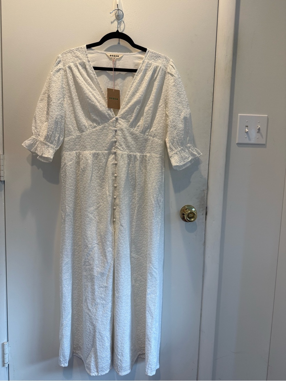 Boden White Midi Dress with Button Front
